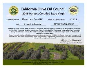 Arbosana Extra Virgin Olive Oil Certificate