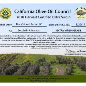 Arbosana Extra Virgin Olive Oil Certificate