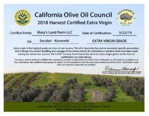 Secolari Koroneiki EVOO Certificate