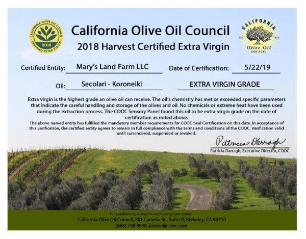 Secolari Koroneiki EVOO Certificate